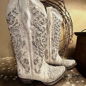 Corral Women's White with Glitter Inlay Bridal Snip Toe Cowboy Boots